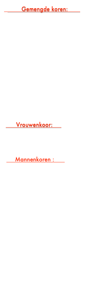           Gemengde koren:        *Con Amore Lemelerveld
    (sinds augustus 1994)
 (link naar  website Con Amore)
Gemengd Koor van de Basiliek in Raalte  (sinds mei 2020)
*Projectkoor Multiple Voice
    Dalfsen ( info )
Oeucumenisch gelegenheidskoor 
   Dalfsen ( info ) * Overdagkoor Sileo Nieuwleusen      (sinds april 2023)
       Vrouwenkoor:      *Quodlibet Vilsteren
(sinds 1990)  (Link naar website )                                   
        Mannenkoren :      
*Sallands Mannenkoor (Raalte) 
(sinds augustus 2022)
 (link naar website mannenkoor)
*Chr.Mannenkoor Vriezenveen
(sinds september 2021)  (link naar de website)


   